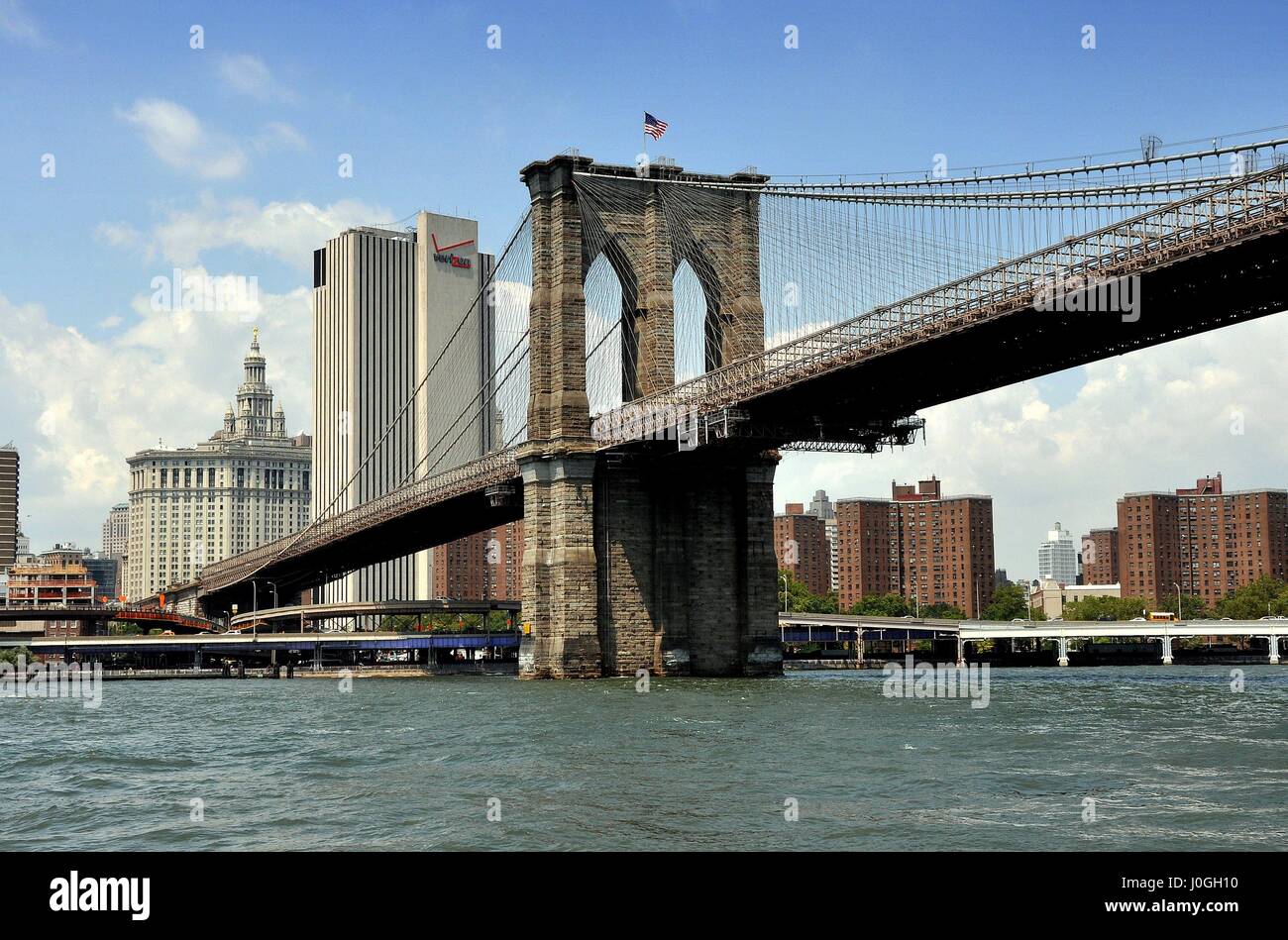 New York City - August 4, 2011:   View of the west tower of the Brooklyn Bridge spanning the East River Stock Photo