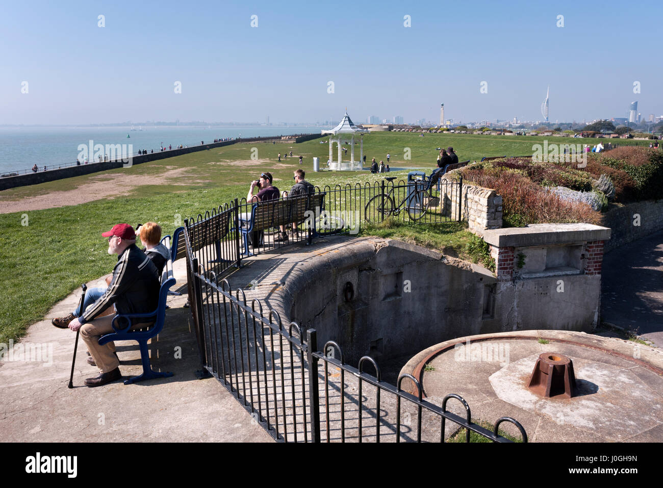 Enjoying a sunny Spring day at the seafront next to the historic castle, Southsea, Hampshire, UK Stock Photo