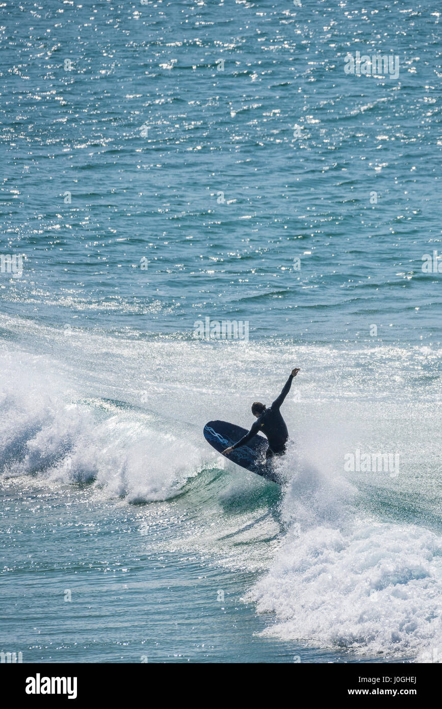 Surfer UK Sea Surfing Longboard Water Hobby Leisure activity Balance Newquay Cornwall Stock Photo