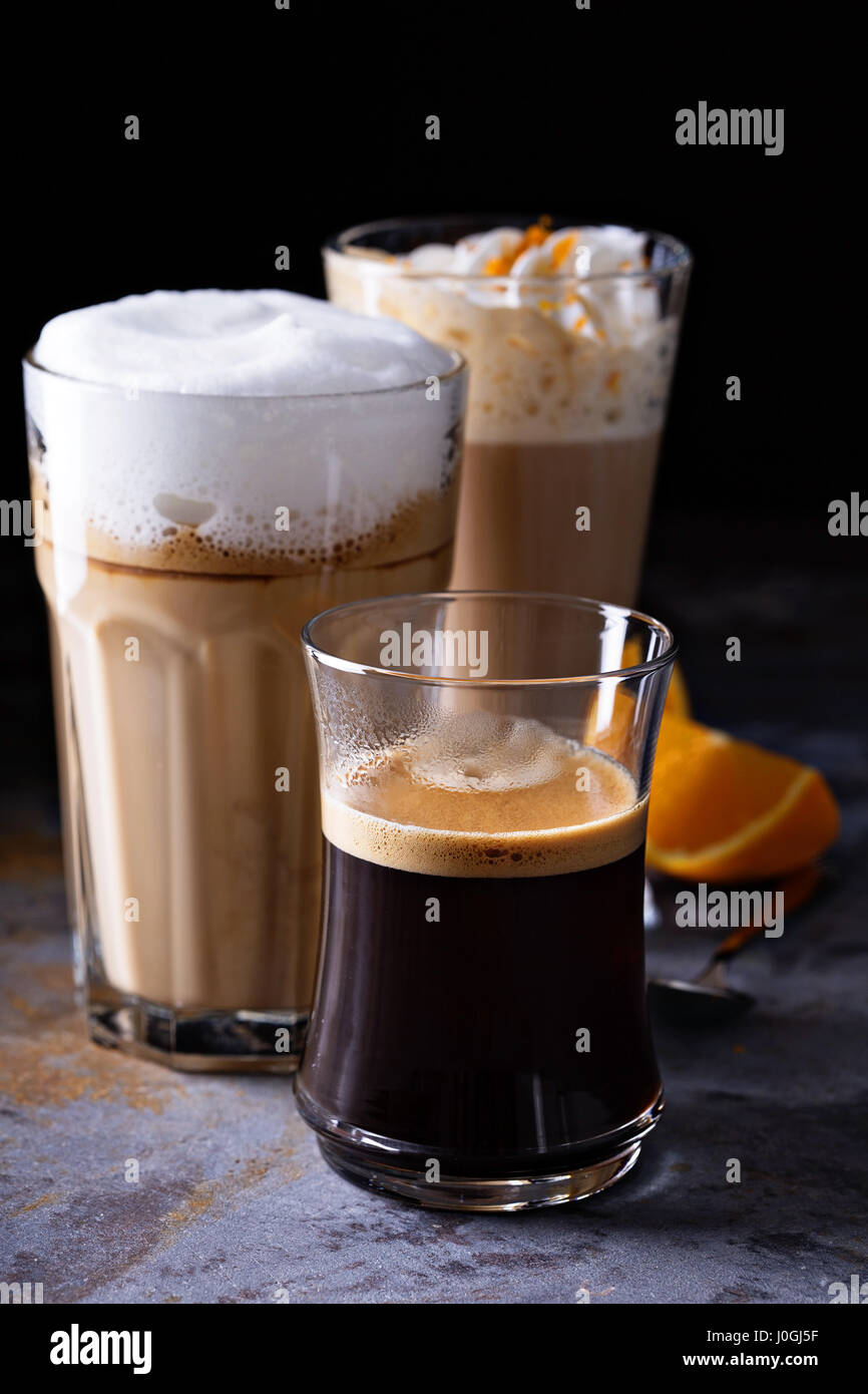 Coffee latte, black espresso and viennese coffee Stock Photo