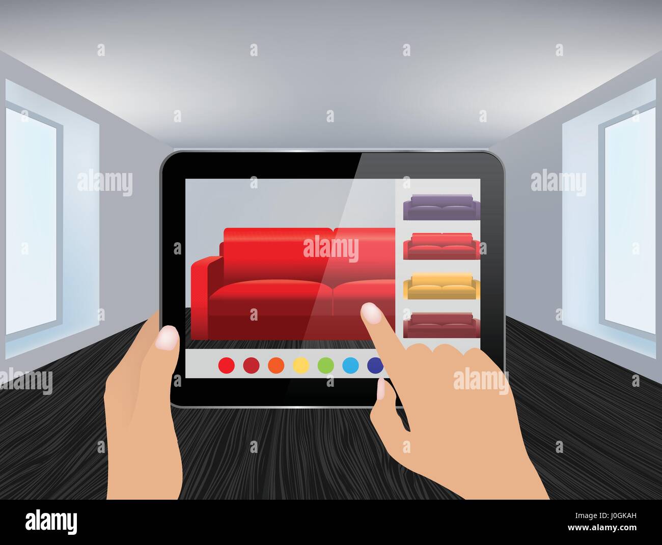 Augmented reality app that lets you place virtual furniture to your real interior before buying. Virtually place different products in the room. Stock Vector