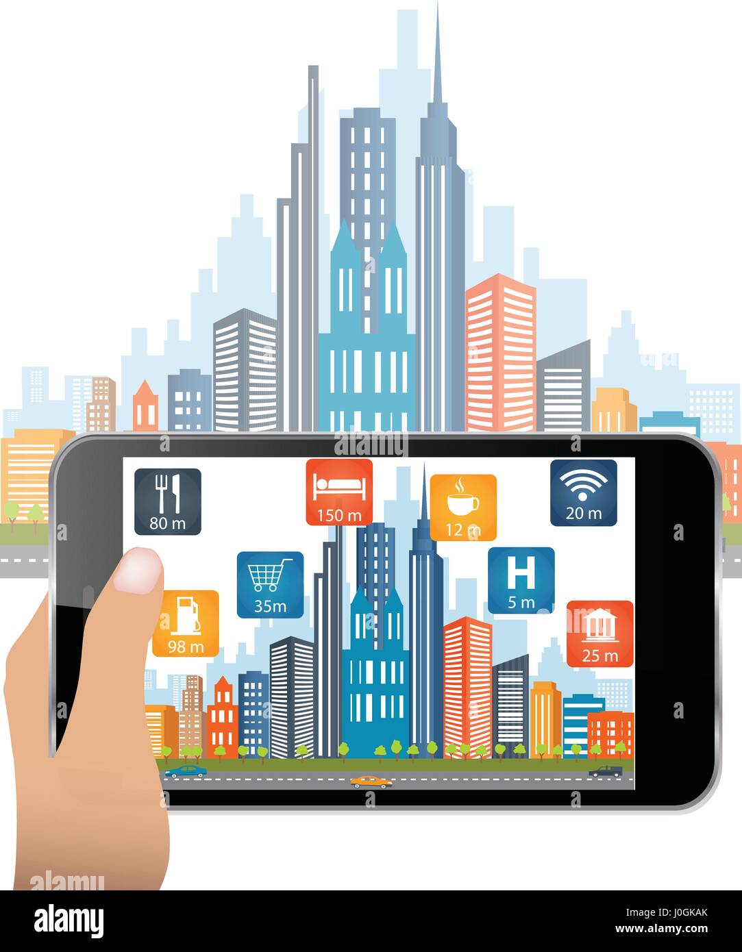 Hand holding smartphone use Augmented Reality application.The user is searching street location and relevant information about the spaces.City in back Stock Vector