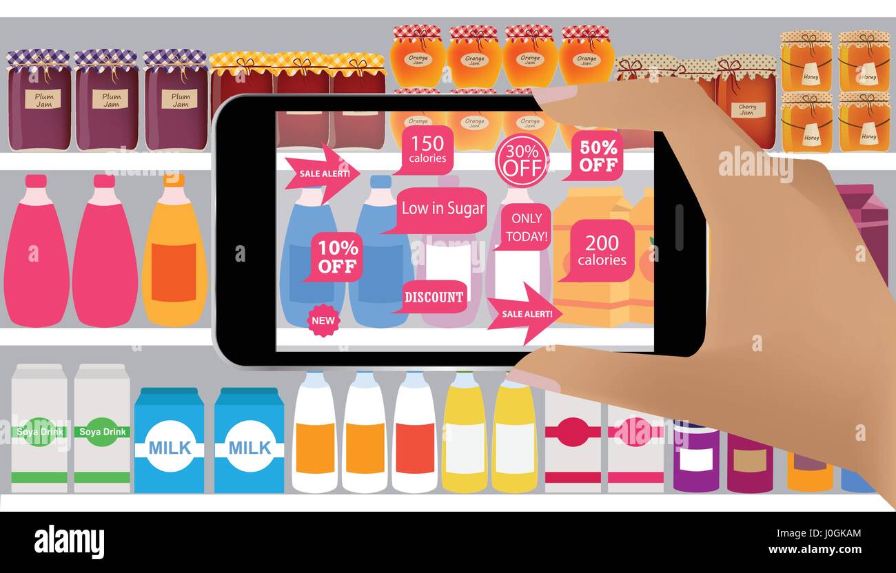 Augmented reality application for retail business concept.Augmented Reality on smartphone. Applications that scan, in supermarket, discount products,  Stock Vector