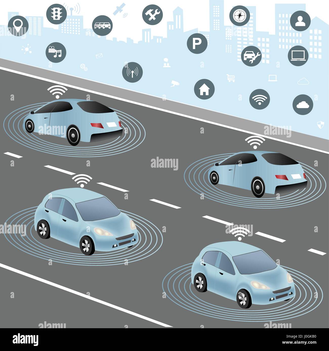 Communication that connects cars to devices on the road, such as traffic lights, sensors, or Internet gateways. Wireless network of vehicle. Smart Car Stock Vector