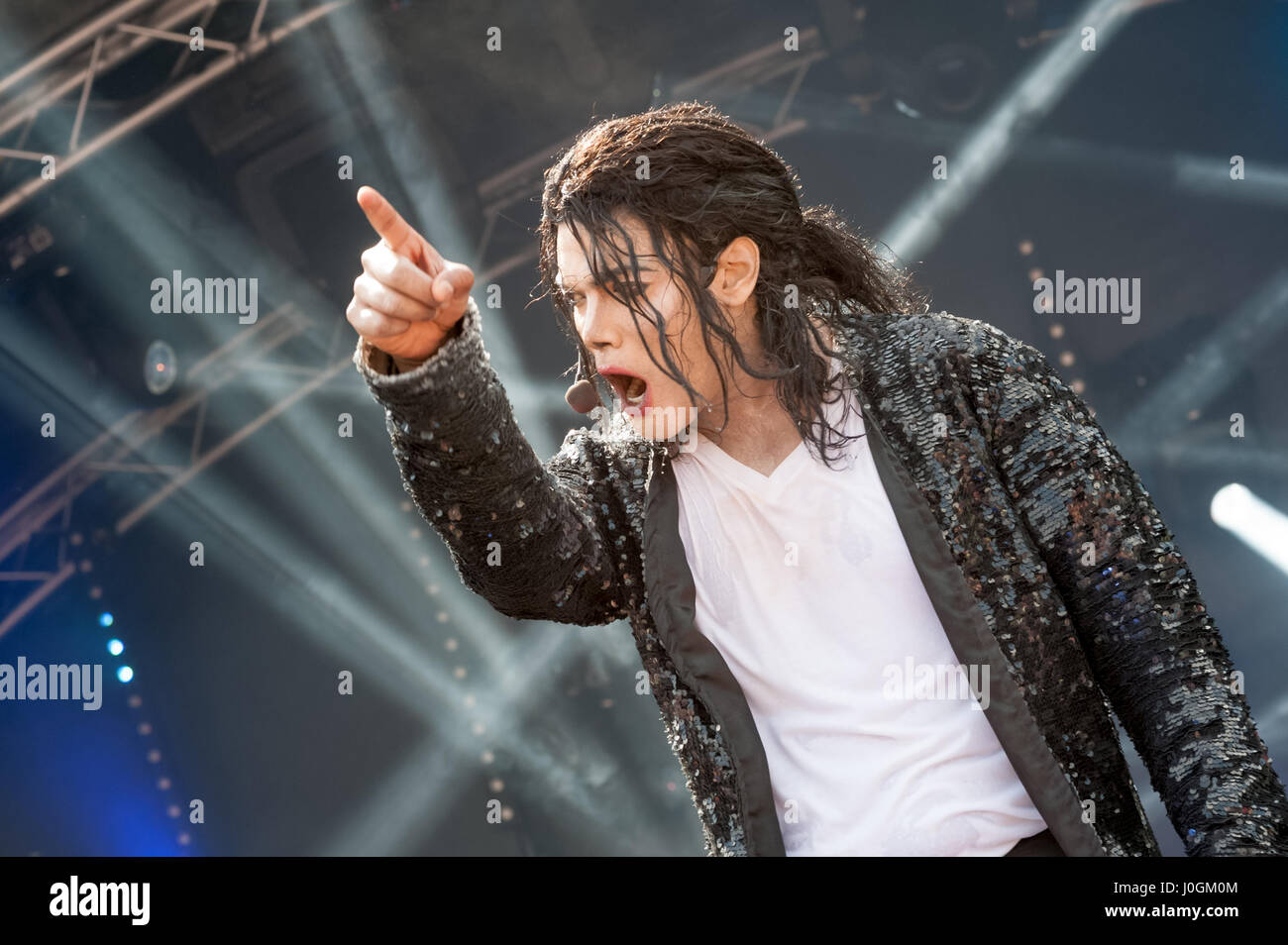 Yateley, UK - June 27, 2015: Navi, a professional Michael Jackson tribute artist and impersonator performing at the GOTG festival in Yateley, UK Stock Photo