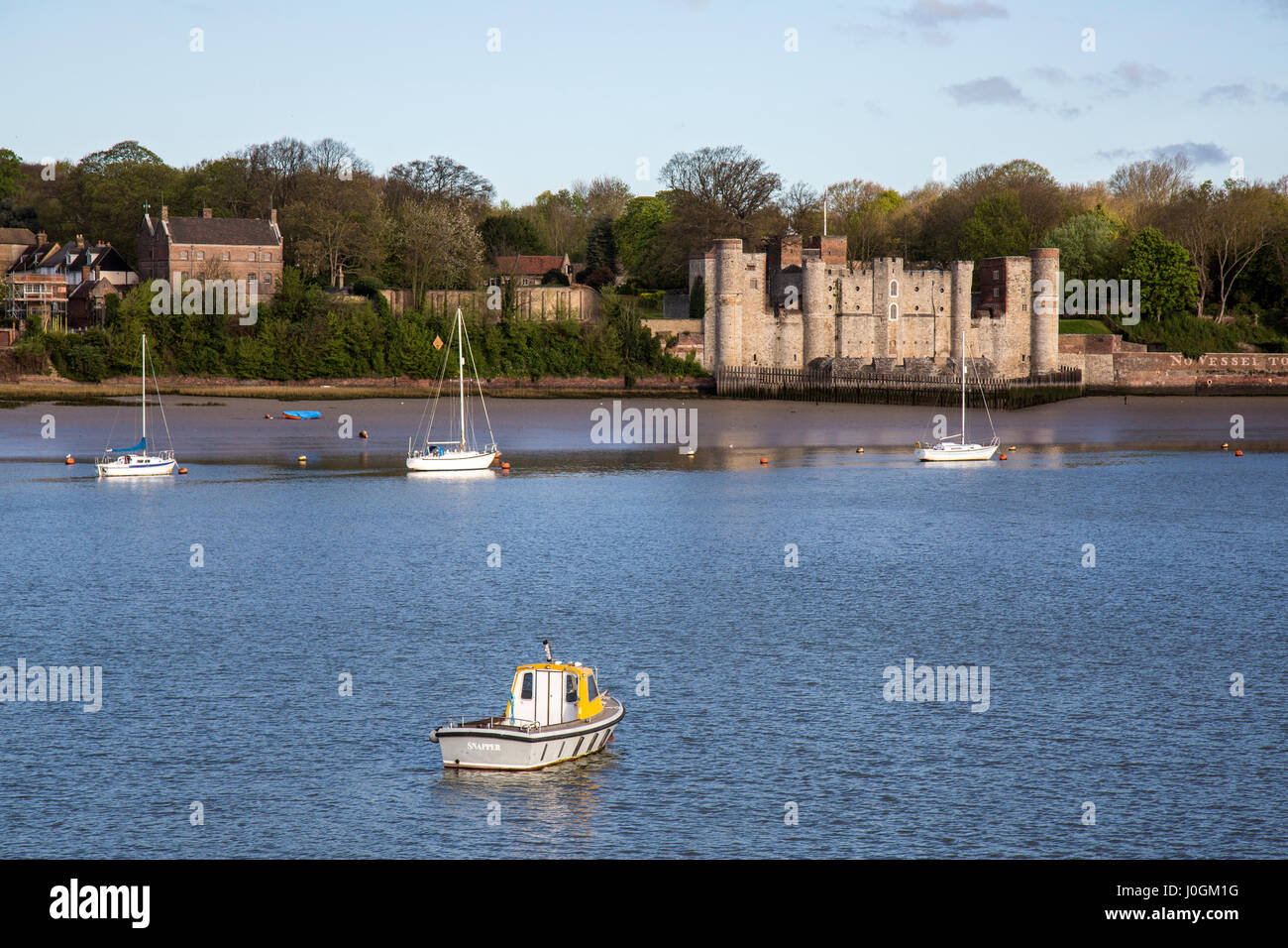 View from Chatham Maritime Marina in Kent, England, looking across the River Medway with Upnor Castle on the far bank. Stock Photo