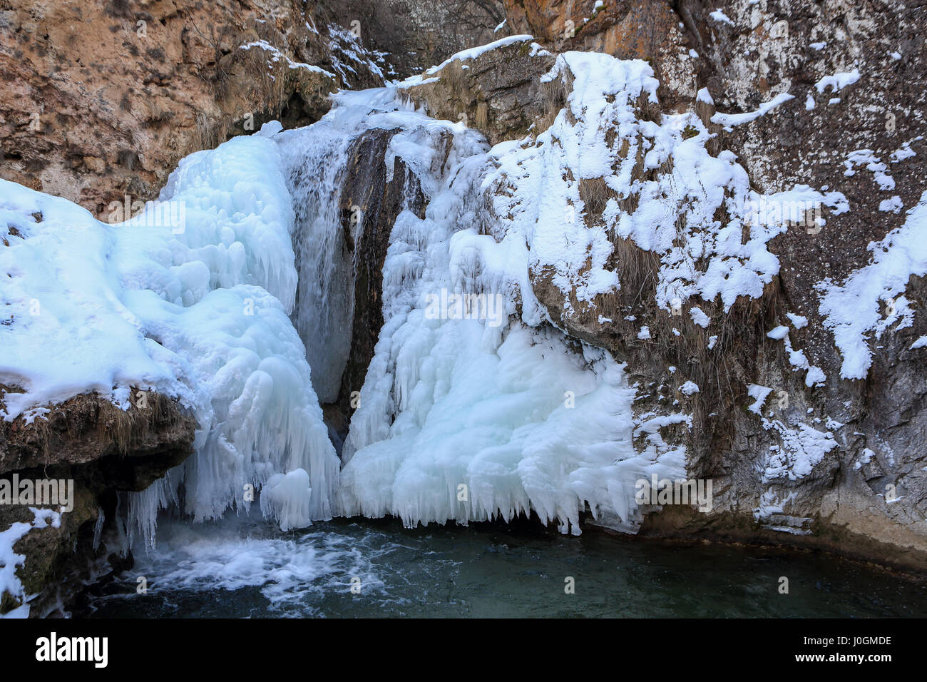 Frozen waterfalls in the North Caucasus, Karachay-Cherkess Republic, Russia. Stock Photo