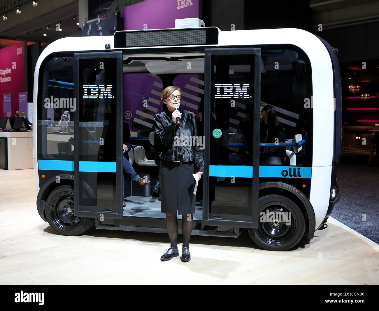 Hanover, Germany. 19th March, 2017. Presentation of self-driving electric minibus 'Olli', developed by Local Motors in cooperation with IBM. IBM-System Watson IoT (Internet of Things) controls the autonomous driving. CeBIT 2017, ICT trade fair, lead theme 'd!conomy - no limits'. Photocredit: Christian Lademann Stock Photo