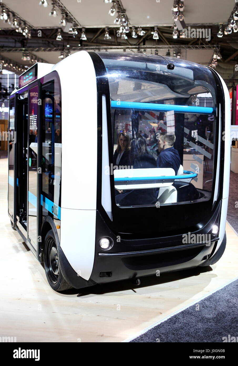 Hanover, Germany. 19th March, 2017. Self-driving electric minibus 'Olli', developed by Local Motors in cooperation with IBM. IBM-System Watson IoT (Internet of Things) controls the autonomous driving. CeBIT 2017, ICT trade fair, lead theme 'd!conomy - no limits'. Photocredit: Christian Lademann Stock Photo