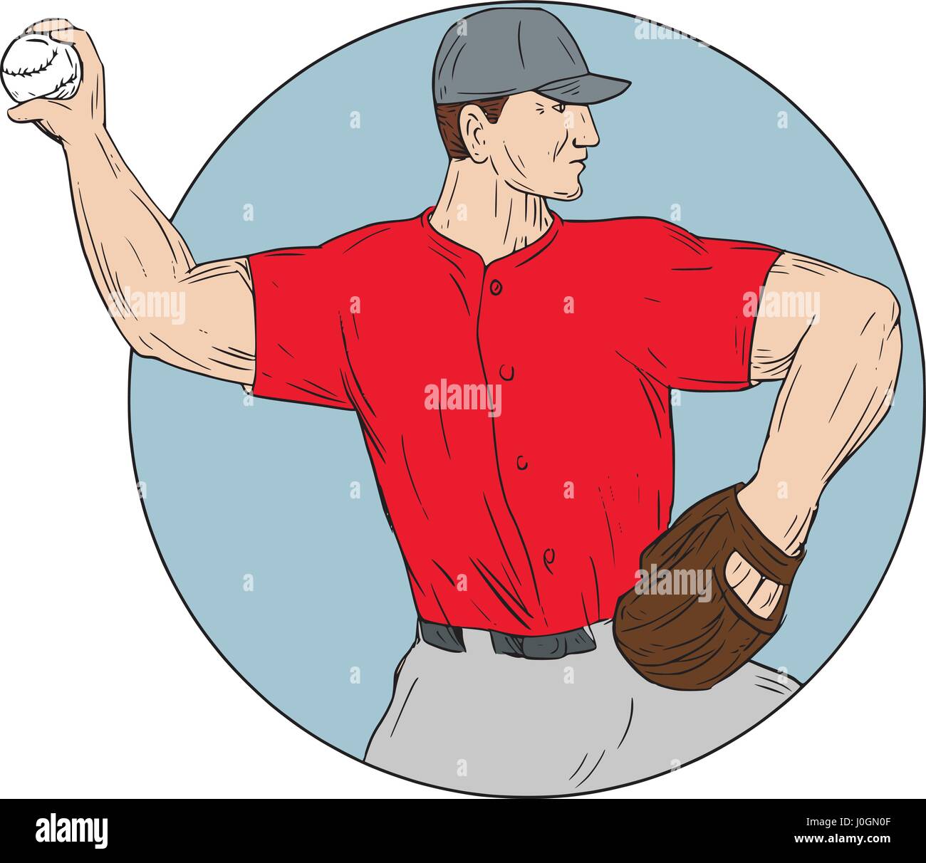 Drawing sketch style illustration of an american baseball player pitcher outfilelder throwing ball viewed from the side set inside circle on isolated Stock Vector