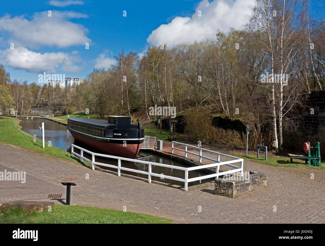 The Vulcan canal barge in the Monkland Canal at Summerlee Museum of Scottish Industrial Life Coatbridge North Lanarkshire Scotland UK Stock Photo