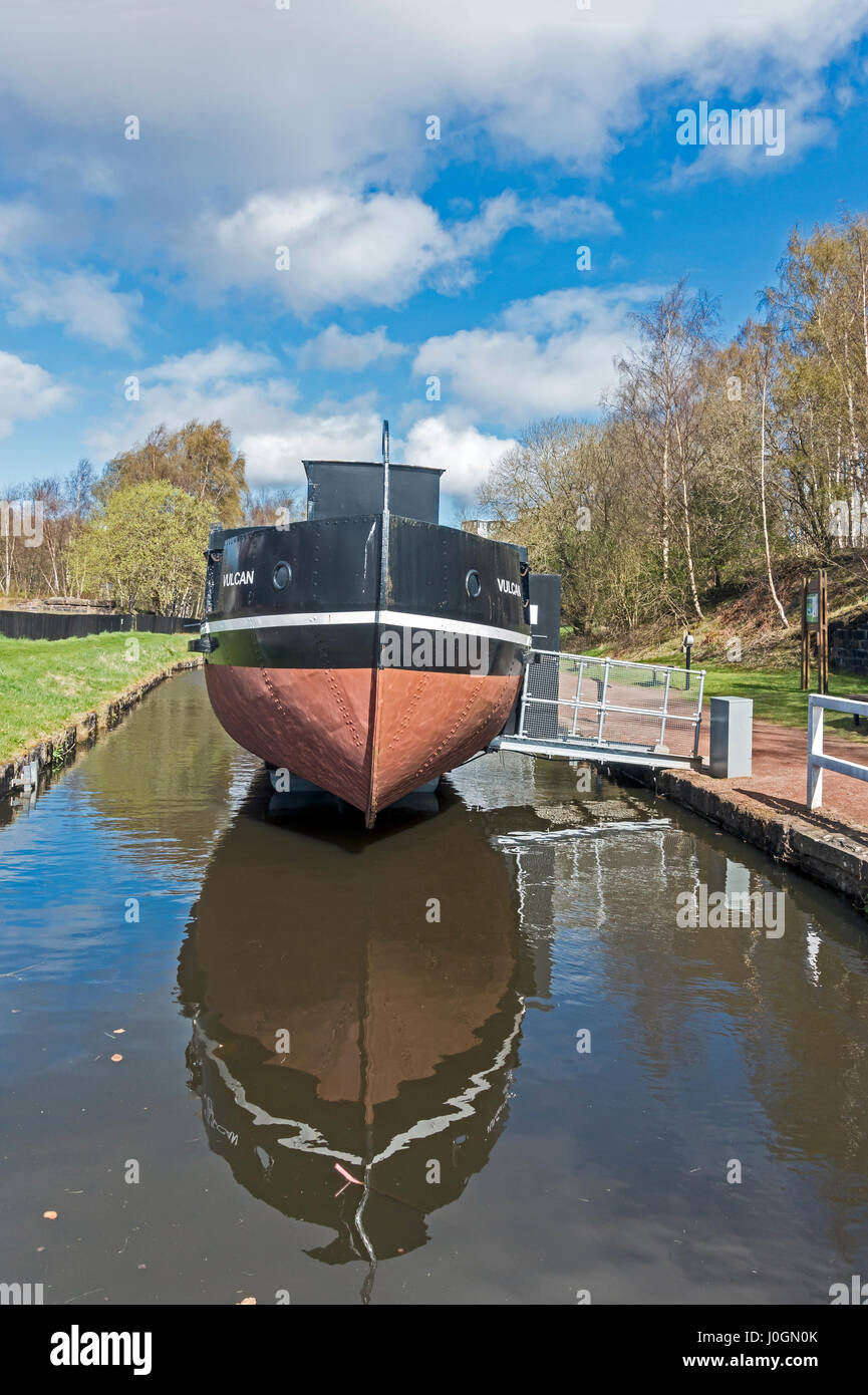 The Vulcan canal barge in the Monkland Canal at Summerlee Museum of Scottish Industrial Life Coatbridge North Lanarkshire Scotland UK Stock Photo