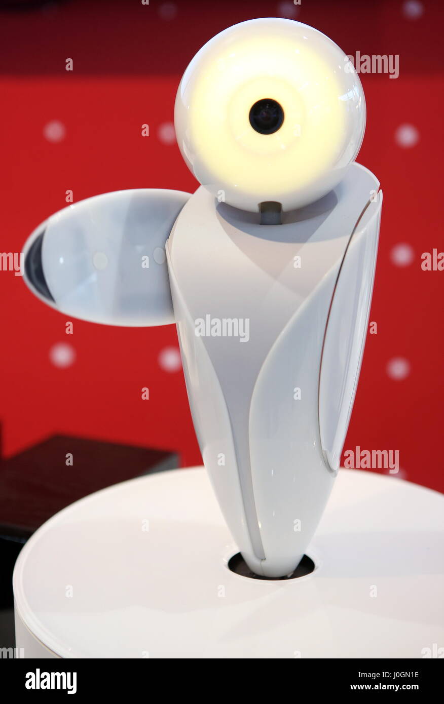 Hanover, Germany. 19th March, 2017. 'RoboPin', talking mediator-robot by Fujitsu with artificial intelligence, e.g. usable in hotels. CeBIT 2017, ICT trade fair, lead theme 'd!conomy - no limits'. Photocredit: Christian Lademann Stock Photo