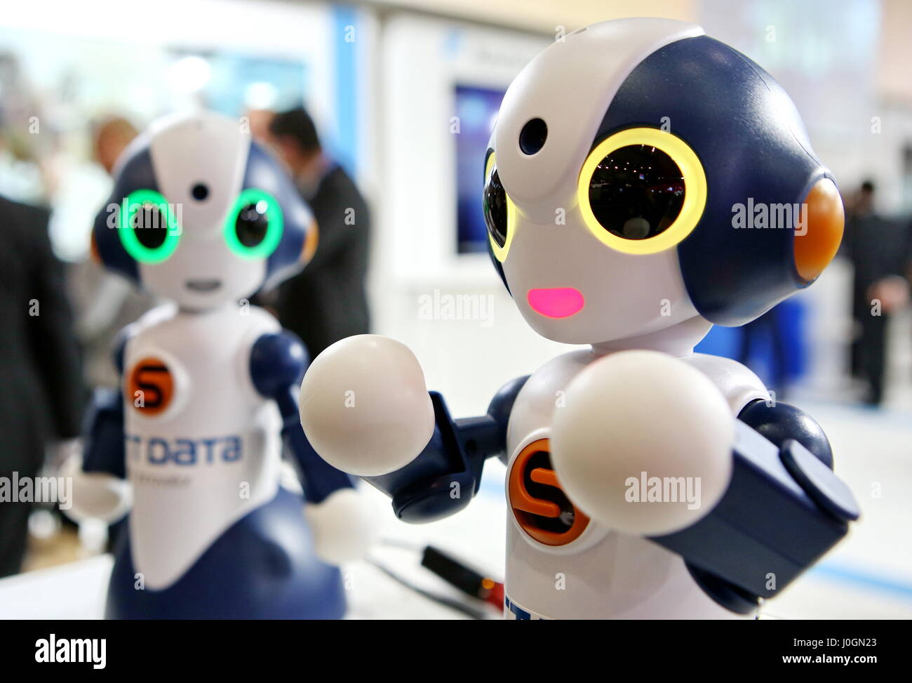 Hanover, Germany. 19th March, 2017. Communication robot 'Sota' (Social Talker) by NTT Group (Nippon Telegraph and Telephone, Japan), its integratetd Natural Interaction Engine combines artificial intelligence technology 'corevo' by NTT Group with Robot Coordination Control Technology 'R-env'. CeBIT 2017, ICT trade fair, lead theme 'd!conomy - no limits'. Photocredit: Christian Lademann Stock Photo