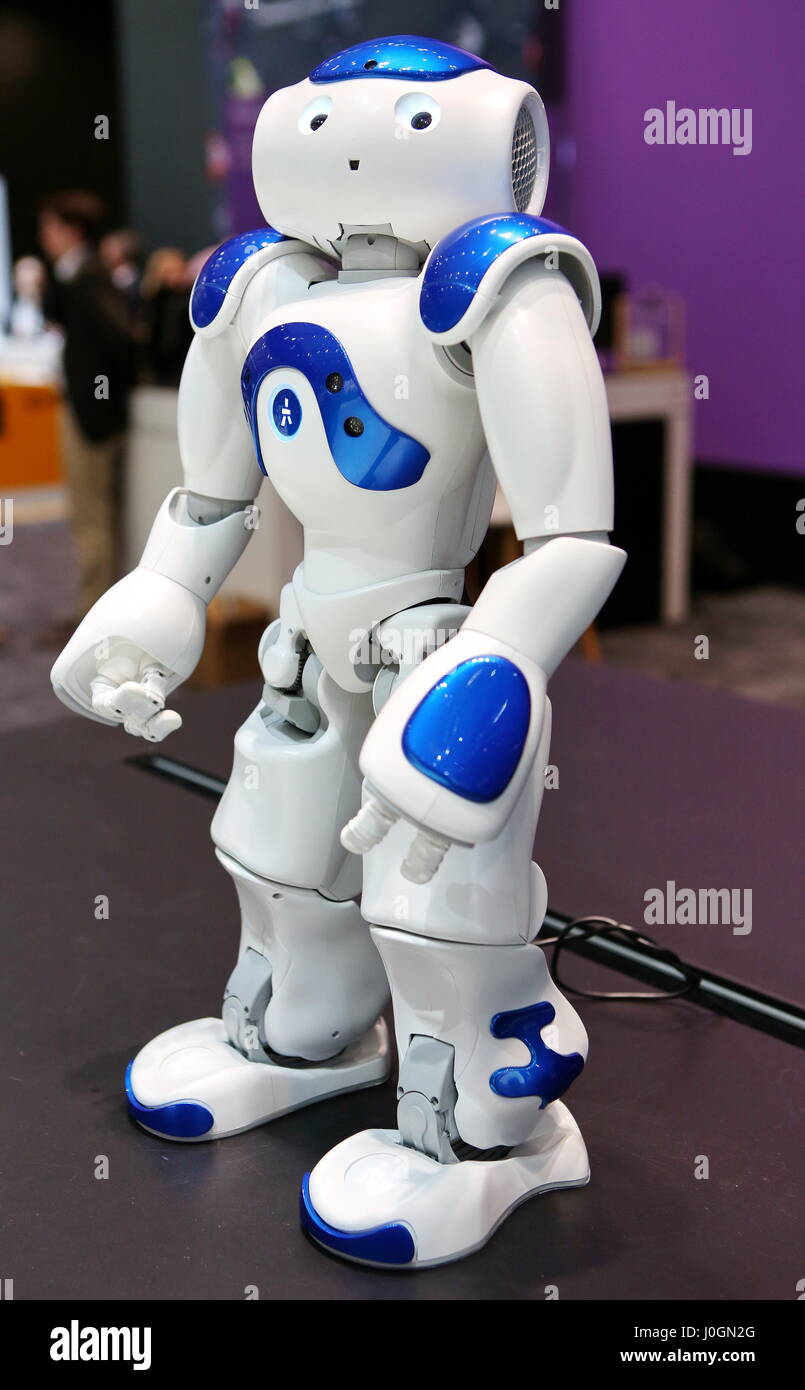 Hanover, Germany. 19th March, 2017. Robot "Marvin", Type Nao (developed by  Aldebaran Robotics), controled by IBM Watson (super computer for artificial  intelligence). The robot can talk and answer questions. CeBIT 2017, ICT