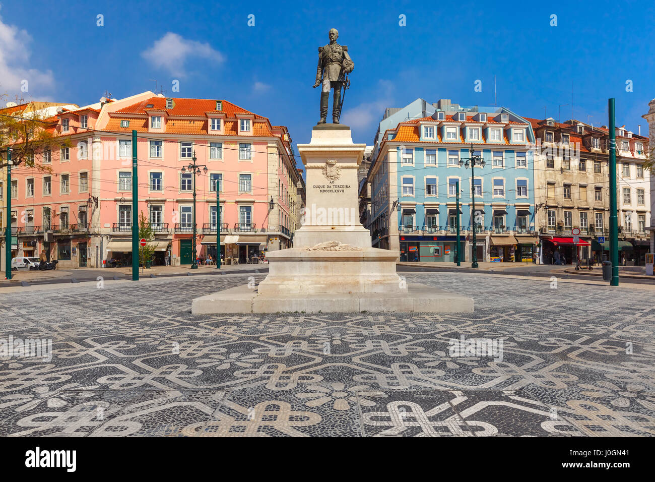 Duque da Terceira Square with a beautiful geometric mosaic in Lisbon, Portugal. Stock Photo