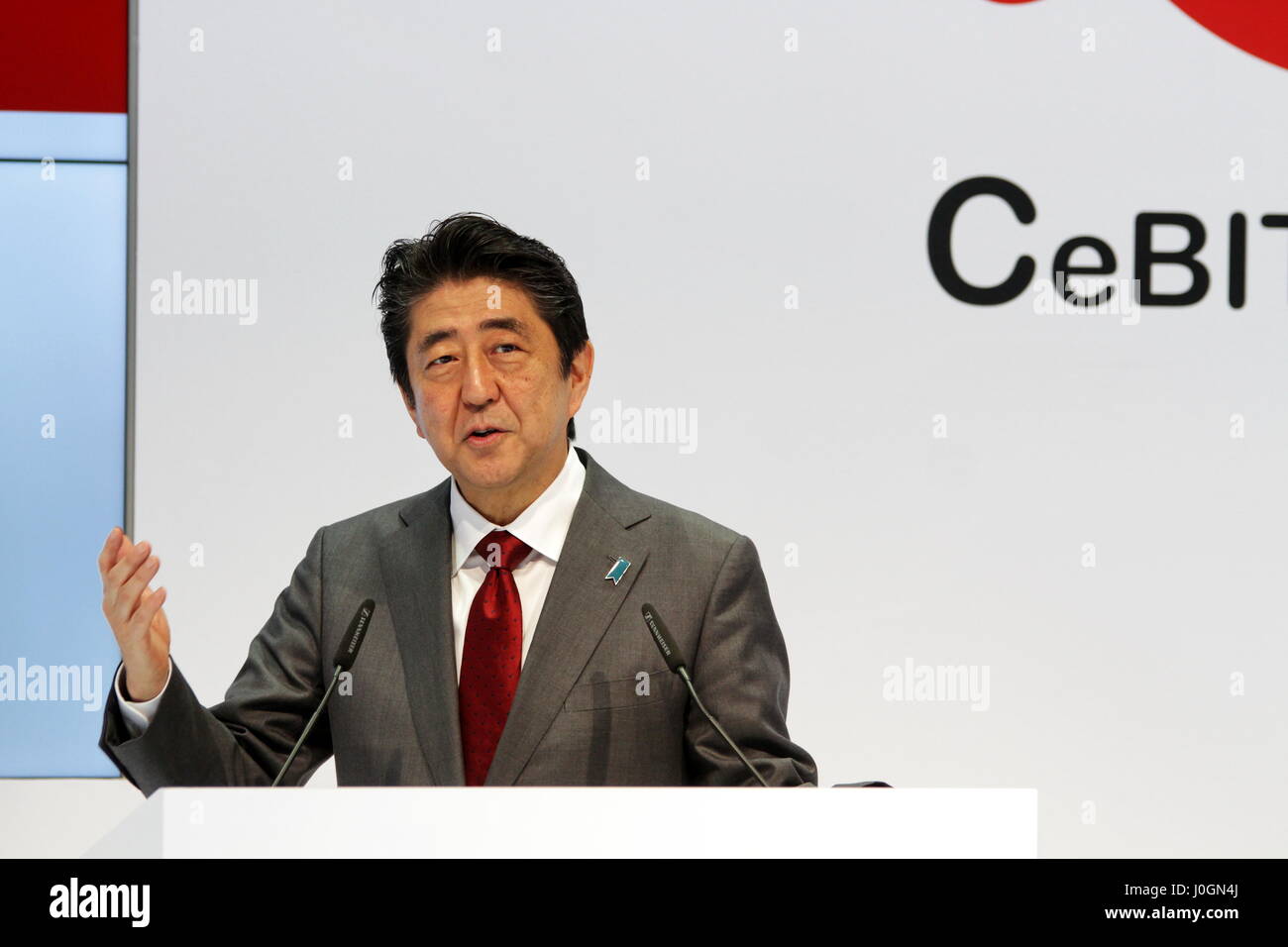 Hanover, Germany. 20th March, 2017. Shinzo Abe, Prime Minister of Japan, speaks at opening walk at CeBIT 2017, exhibition stand of CeBIT 2017-partner country Japan. CeBIT 2017, ICT trade fair, lead theme 'd!conomy - no limits'. Photocredit: Christian Lademann Stock Photo