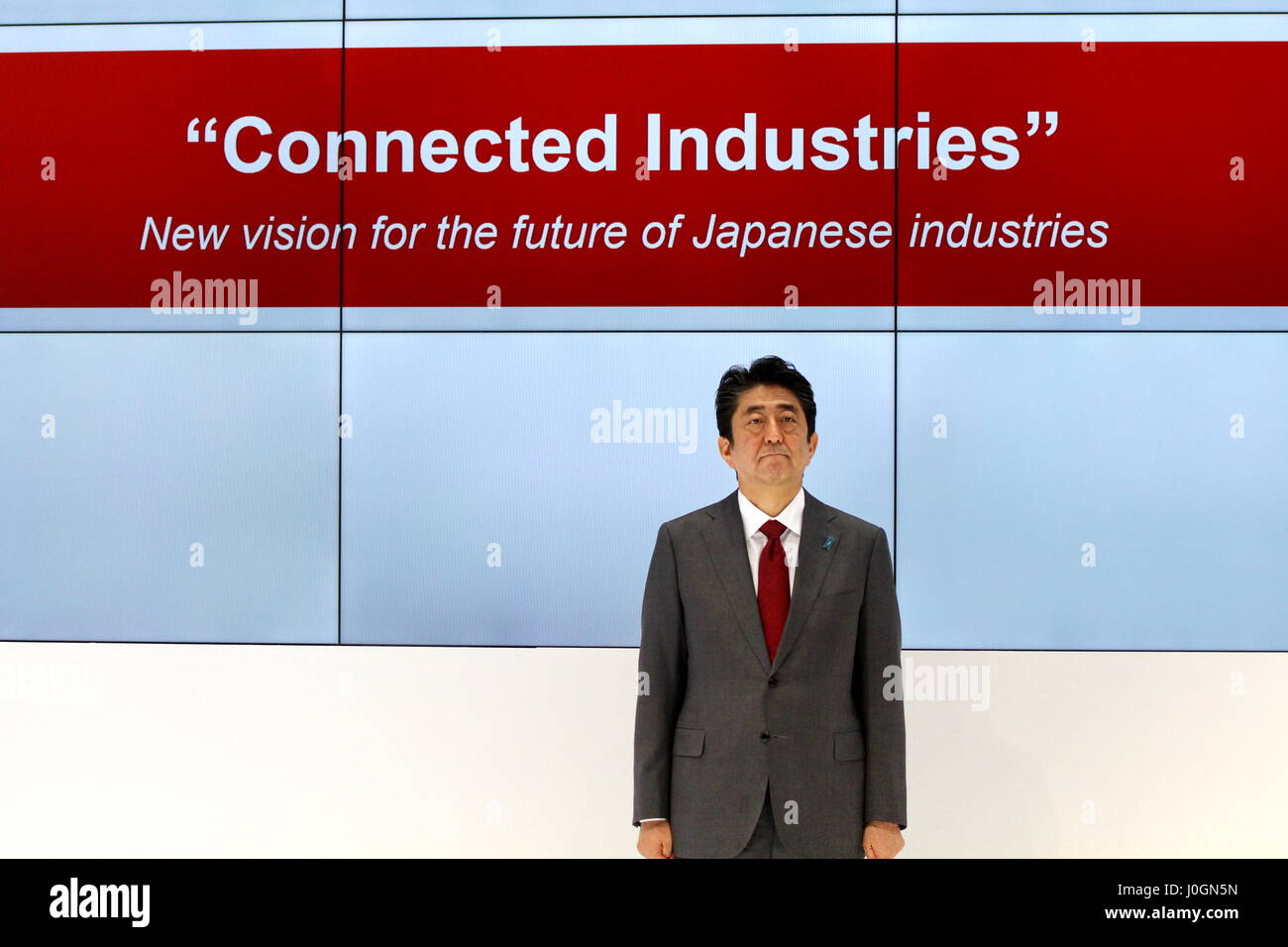 Hanover, Germany. 20th March, 2017. Shinzo Abe, Prime Minister of Japan, at opening walk at CeBIT 2017, exhibition stand of CeBIT 2017-partner country Japan, CeBIT 2017, ICT trade fair, lead theme "d!conomy - no limits". Photocredit: Christian Lademann Stock Photo
