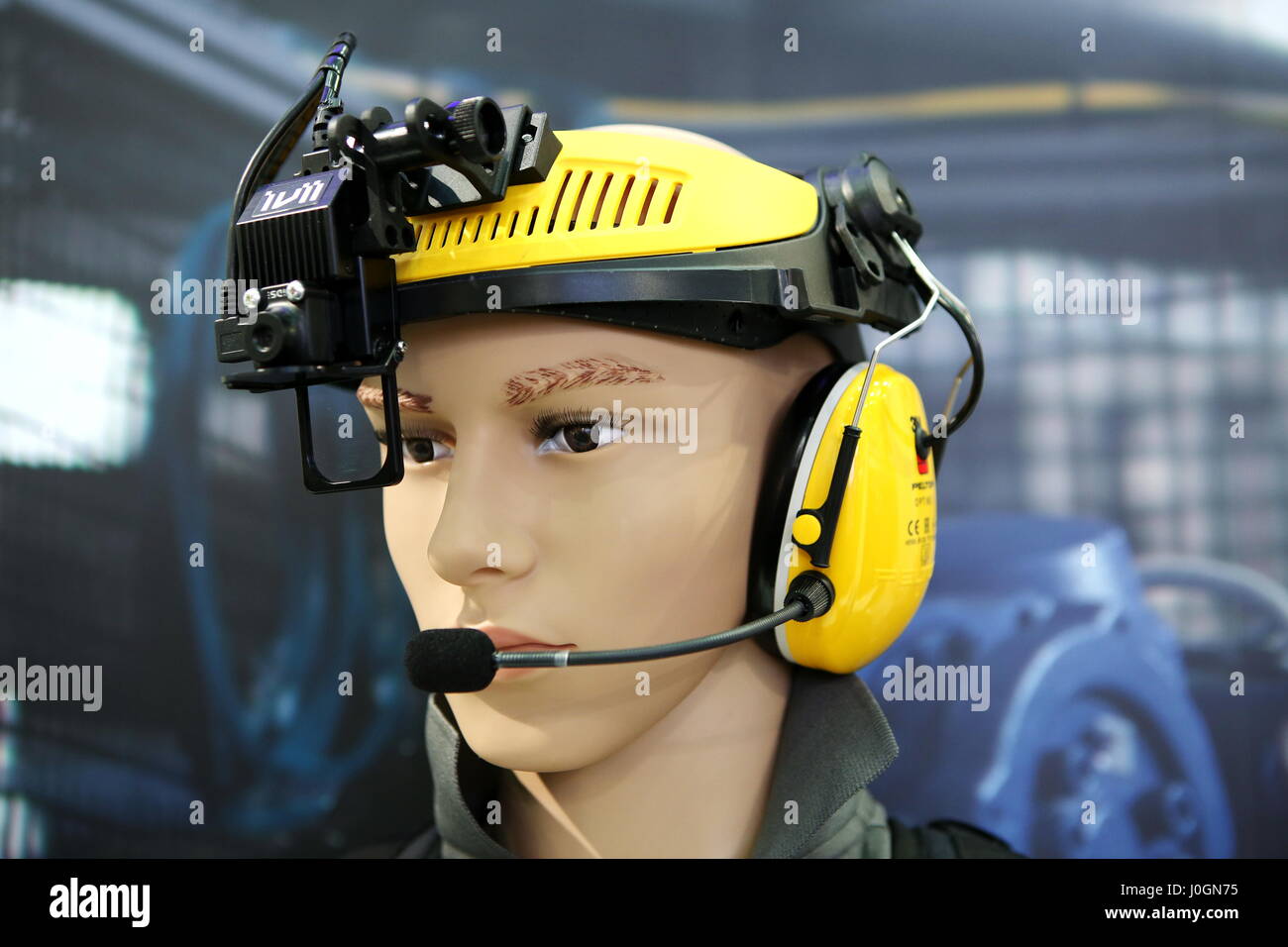 Hanover, Germany. 20th March, 2017. Headset ivii.worker of ivii GmbH (Austria) allows with Augmented-Reality-Technology the realtime-communication between technician and callcenter. Headset with integrated camera, See-through-Display, microphone and earphone. CeBIT 2017, ICT trade fair, lead theme "d!conomy - no limits". Photocredit: Christian Lademann Stock Photo