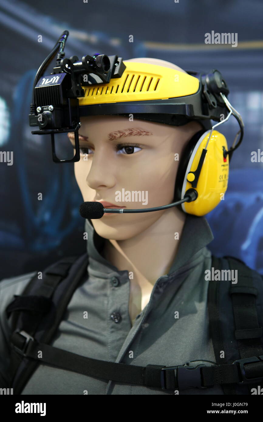 Hanover, Germany. 20th March, 2017. Headset ivii.worker of ivii GmbH (Austria) allows with Augmented-Reality-Technology the realtime-communication between technician and callcenter. Headset with integrated camera, See-through-Display, microphone and earphone. CeBIT 2017, ICT trade fair, lead theme "d!conomy - no limits". Photocredit: Christian Lademann Stock Photo