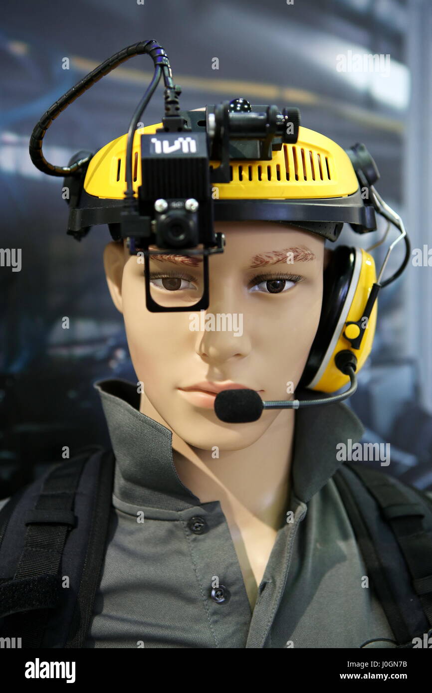 Hanover, Germany. 20th March, 2017. Headset ivii.worker of ivii GmbH (Austria) allows with Augmented-Reality-Technology the realtime-communication between technician and callcenter. Headset with integrated camera, See-through-Display, microphone and earphone. CeBIT 2017, ICT trade fair, lead theme "d!conomy - no limits". Photocredit: Christian Lademann Stock Photo