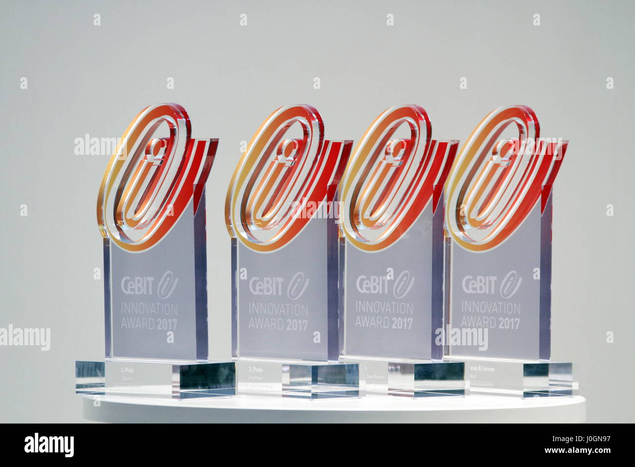 Hanover, Germany. 20th March, 2017. Winner's cups of CeBIT Innovation Award 2017, CeBIT 2017, ICT trade fair, lead theme 'd!conomy - no limits'. Photocredit: Christian Lademann Stock Photo