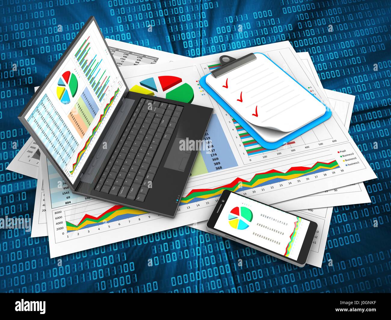 3d illustration of business documents and personal computer over ...