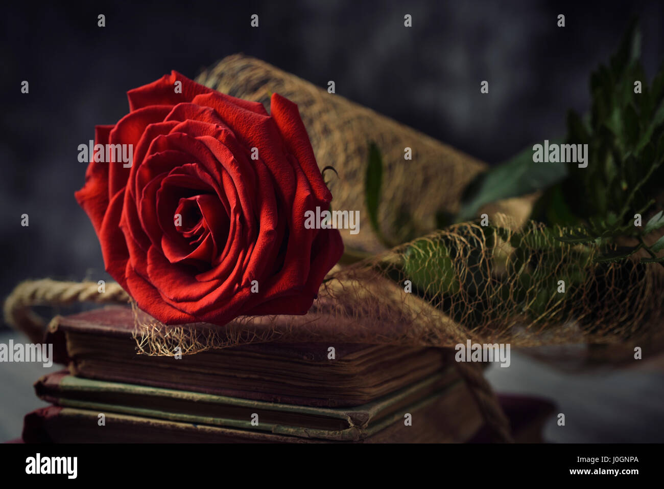 a red rose on a pile of old books, on a rustic surface, for Sant Jordi, the Catalan name for Saint Georges Day, when it is tradition to give red roses Stock Photo