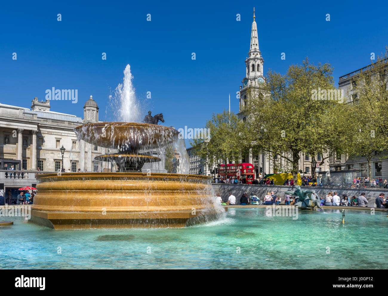 Trafalgar Square is a public square in the City of Westminster, Central London. It commemorates the Battle of Trafalgar that took place in 1805. Stock Photo