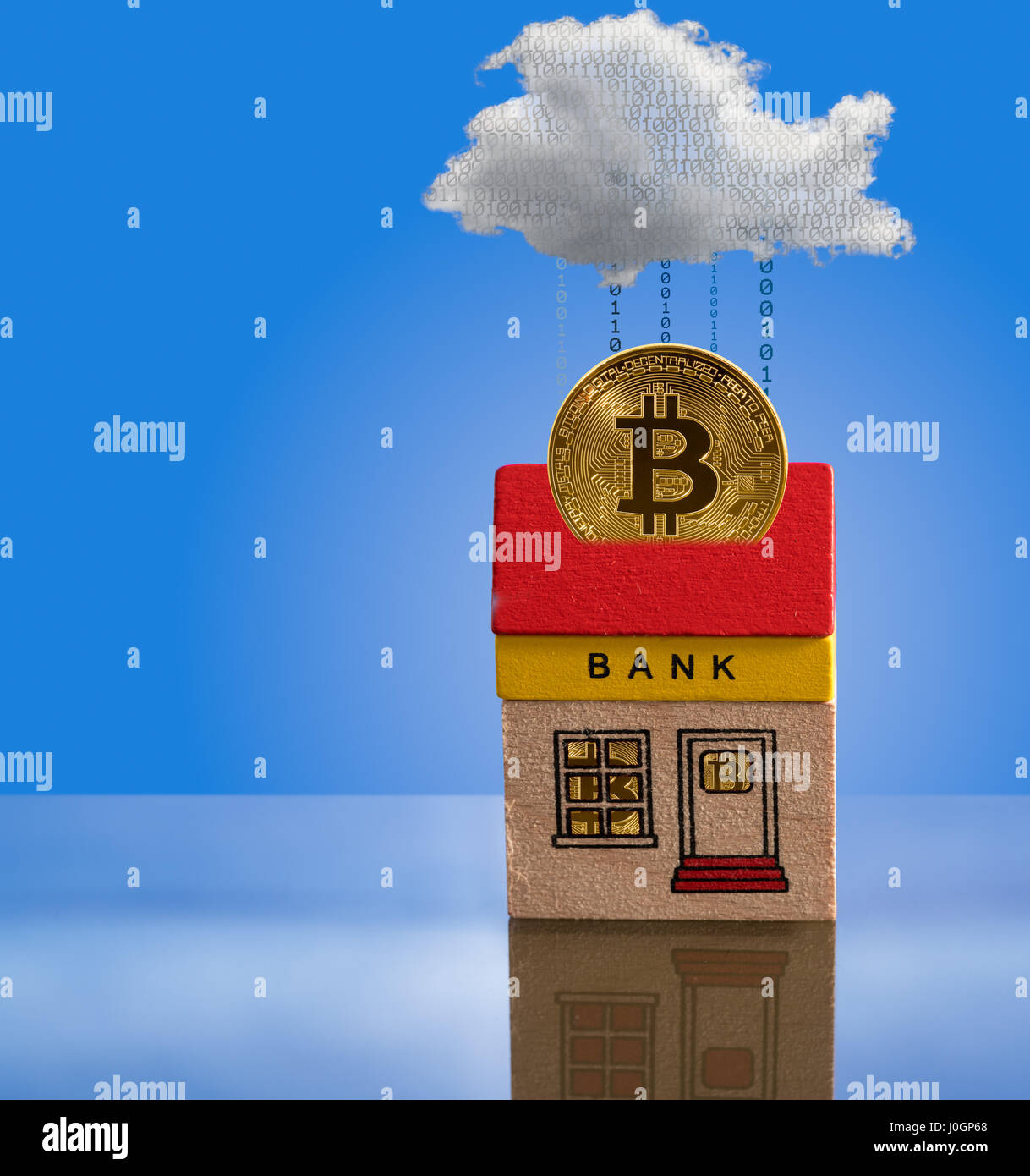 Toy bank building with bitcoin assets Stock Photo