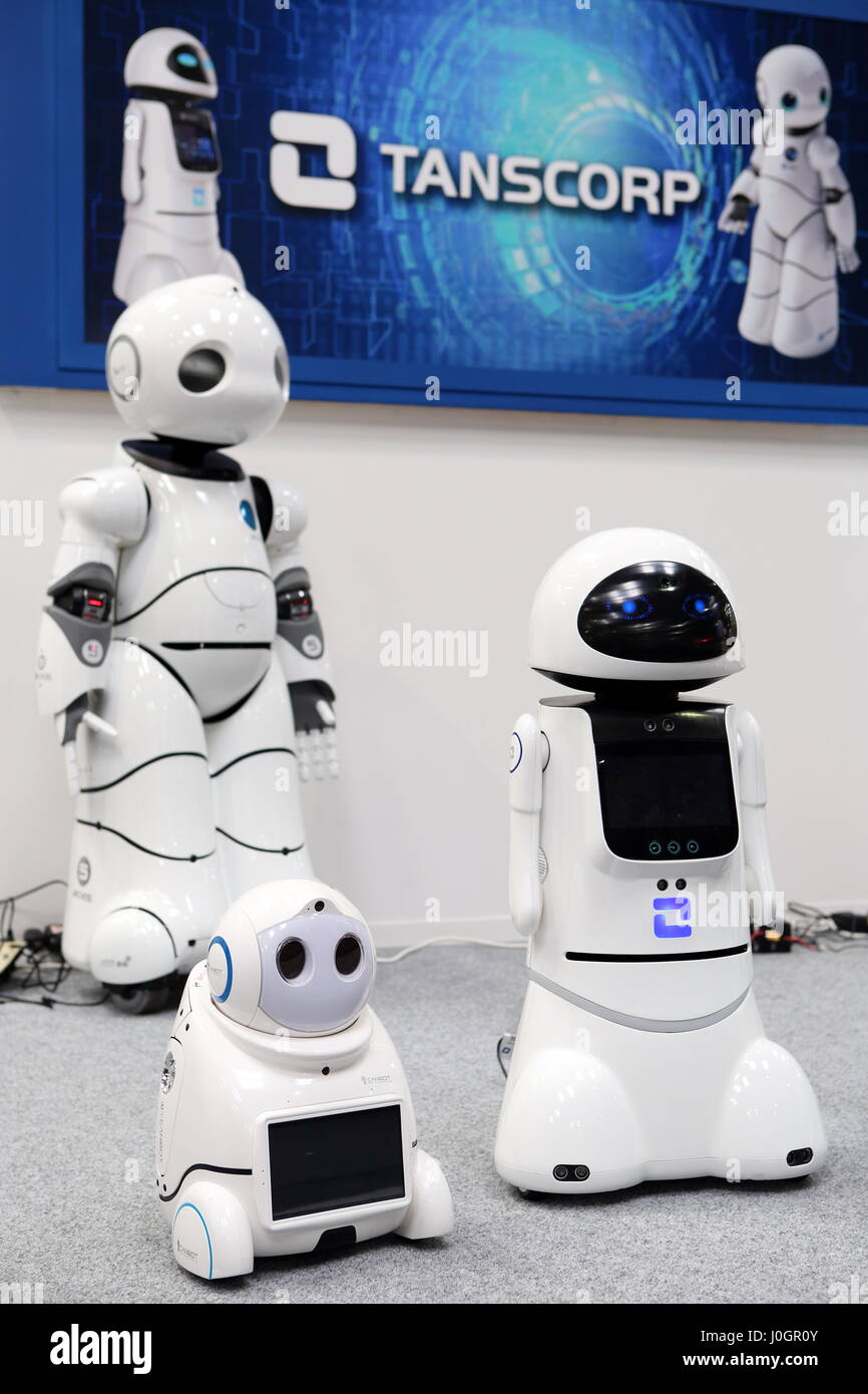 Hanover, Germany. 21th March, 2017. Intelligent humanoid robots by 'Tanscorp' (Shenzhen Tanscorp Technology Co., Ltd, China). CeBIT 2017, ICT trade fair, lead theme 'd!conomy - no limits'. Photocredit: Christian Lademann Stock Photo