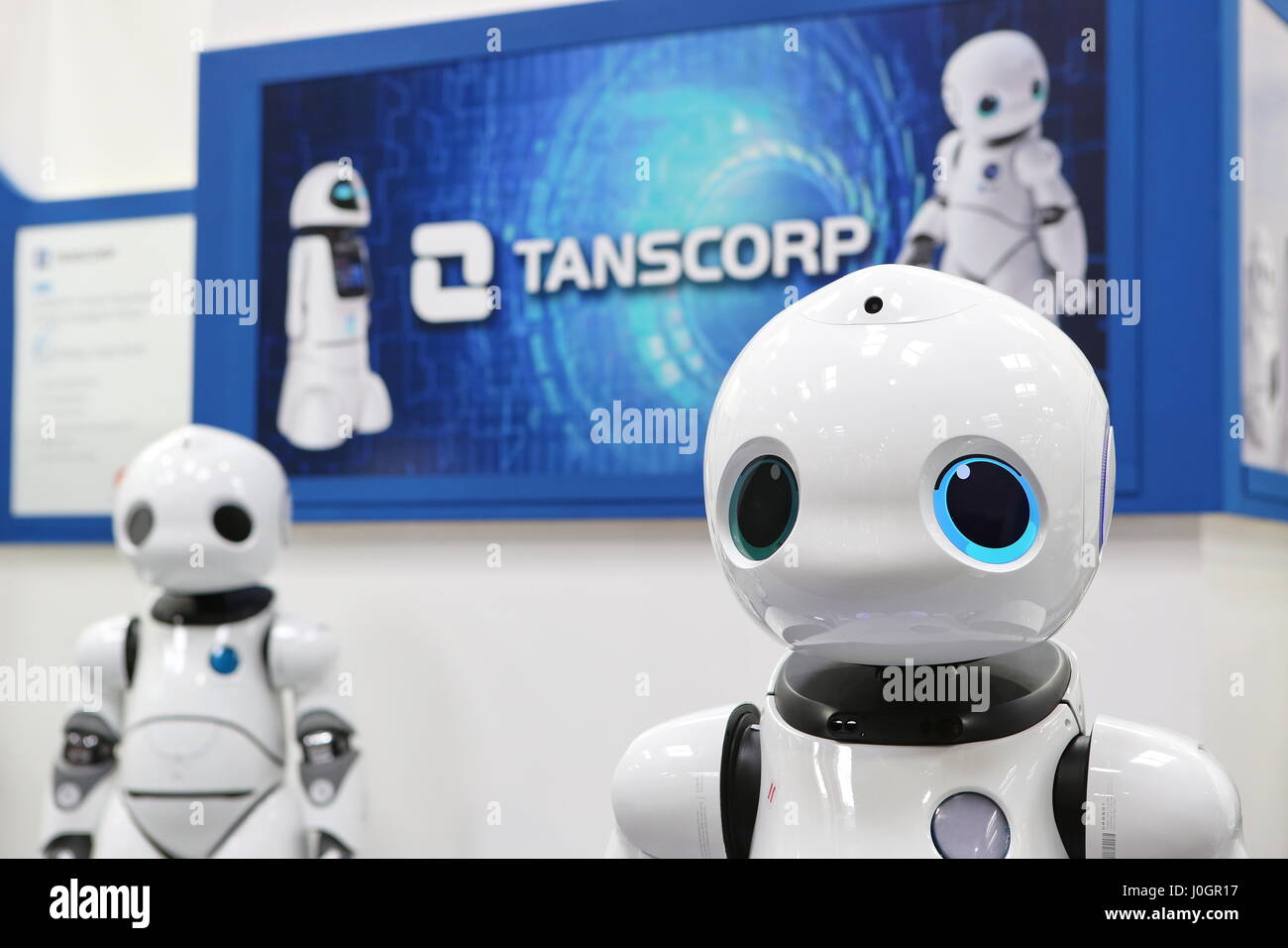 Hanover, Germany. 21th March, 2017. Intelligent humanoid robots by 'Tanscorp' (Shenzhen Tanscorp Technology Co., Ltd, China), here model 'UU', usable in services like tour/shopping guide, entertainment. CeBIT 2017, ICT trade fair, lead theme 'd!conomy - no limits'. Photocredit: Christian Lademann Stock Photo