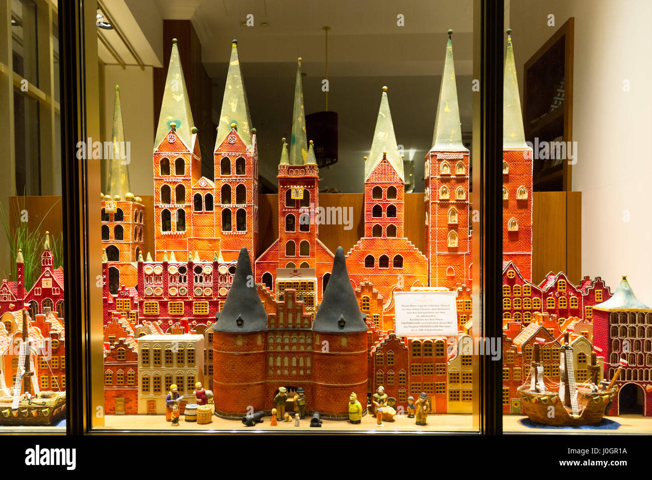 Houses and schloss castles of marzipan shop window display at J.G