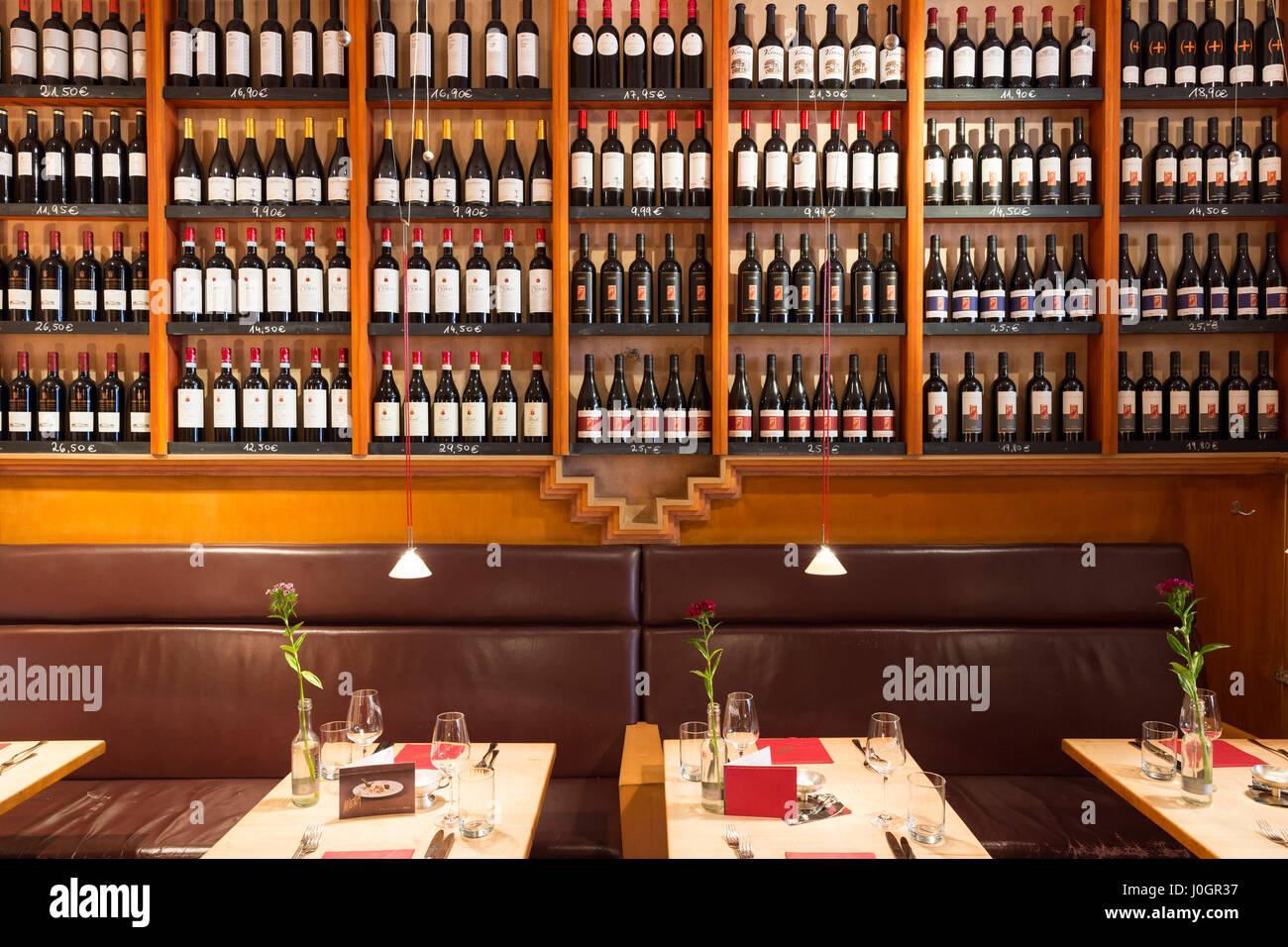 Shelves of bottles of German and other nationality red wine on display