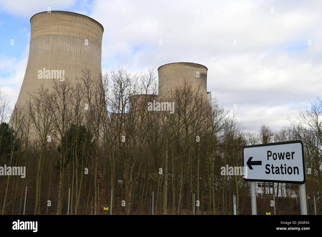 Road sign close to the entrance to Ratcliffe power station, Nottinghamshire, England, UK.  As seen in March, 2017. Stock Photo
