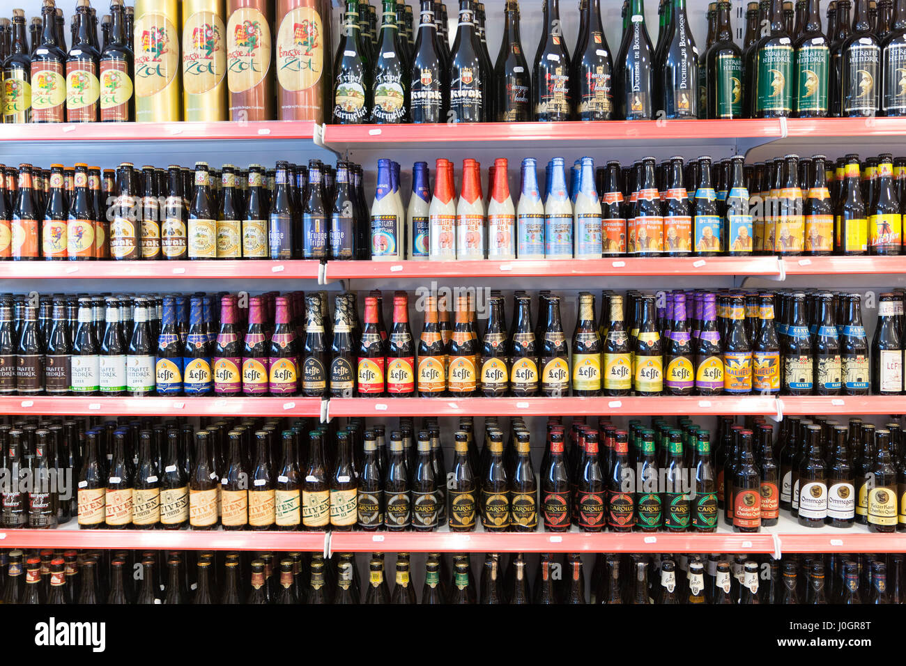 Belgian beers including famous Leffe lager beer on shelves in shop in ...