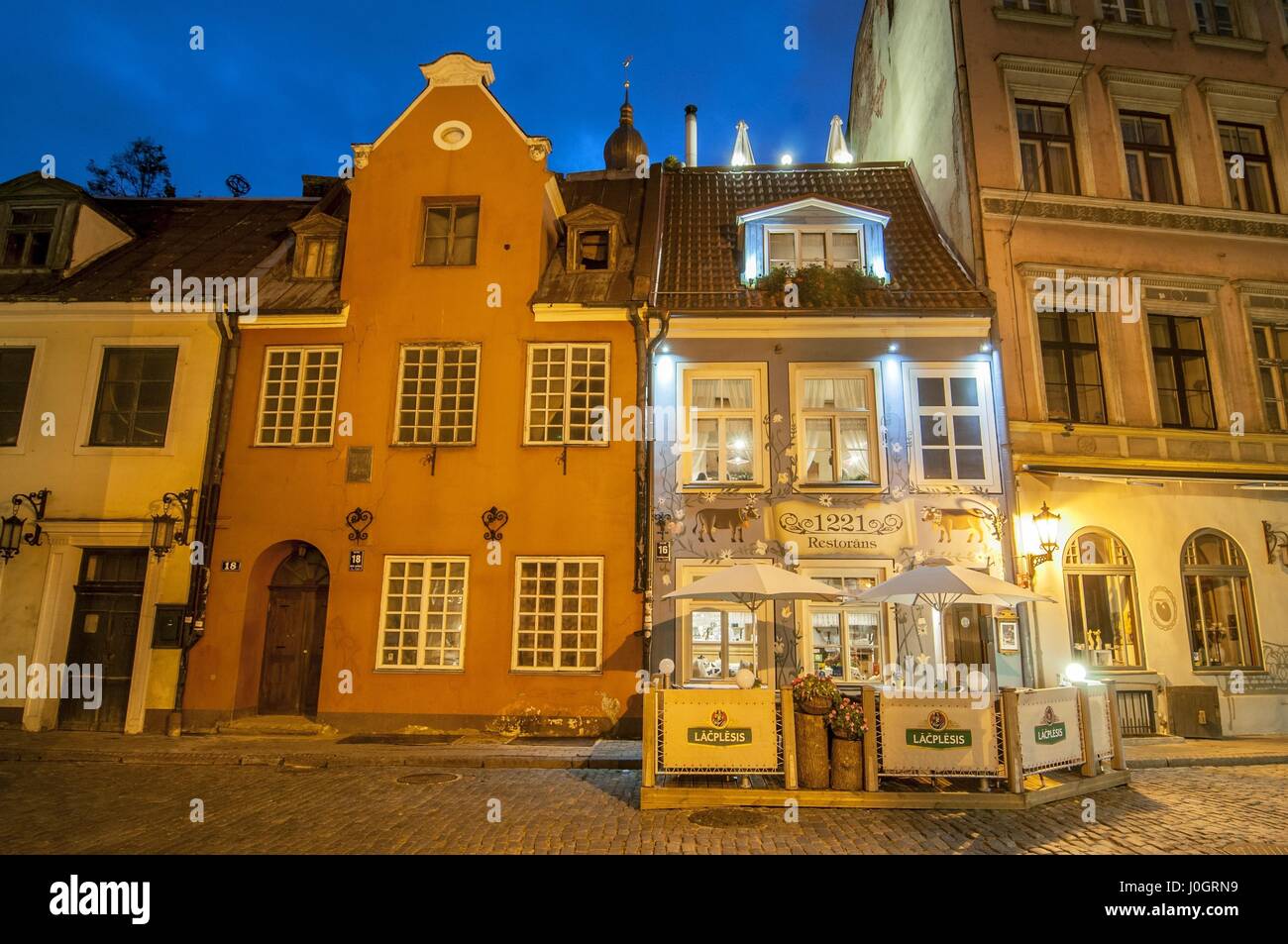Jauniela street in Riga with building of restaurant 1221 in the historic house of Old Town Stock Photo