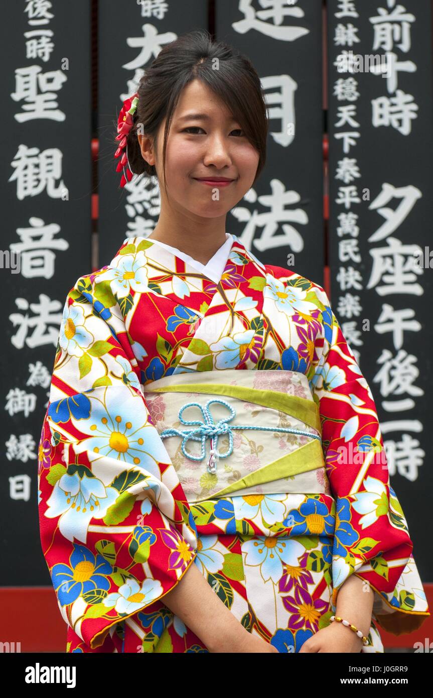 Young Japanese woman wearing a traditional dress called Kimono at Senso