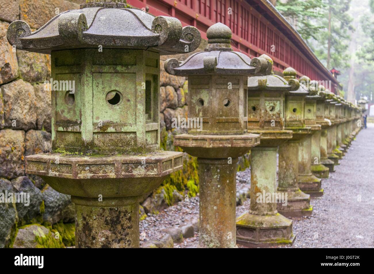 Stone lanterns on the side of Toshogu Shrine that lead the way to Futarasan Shrine in Nikko, Tochigi, Japan Stock Photo