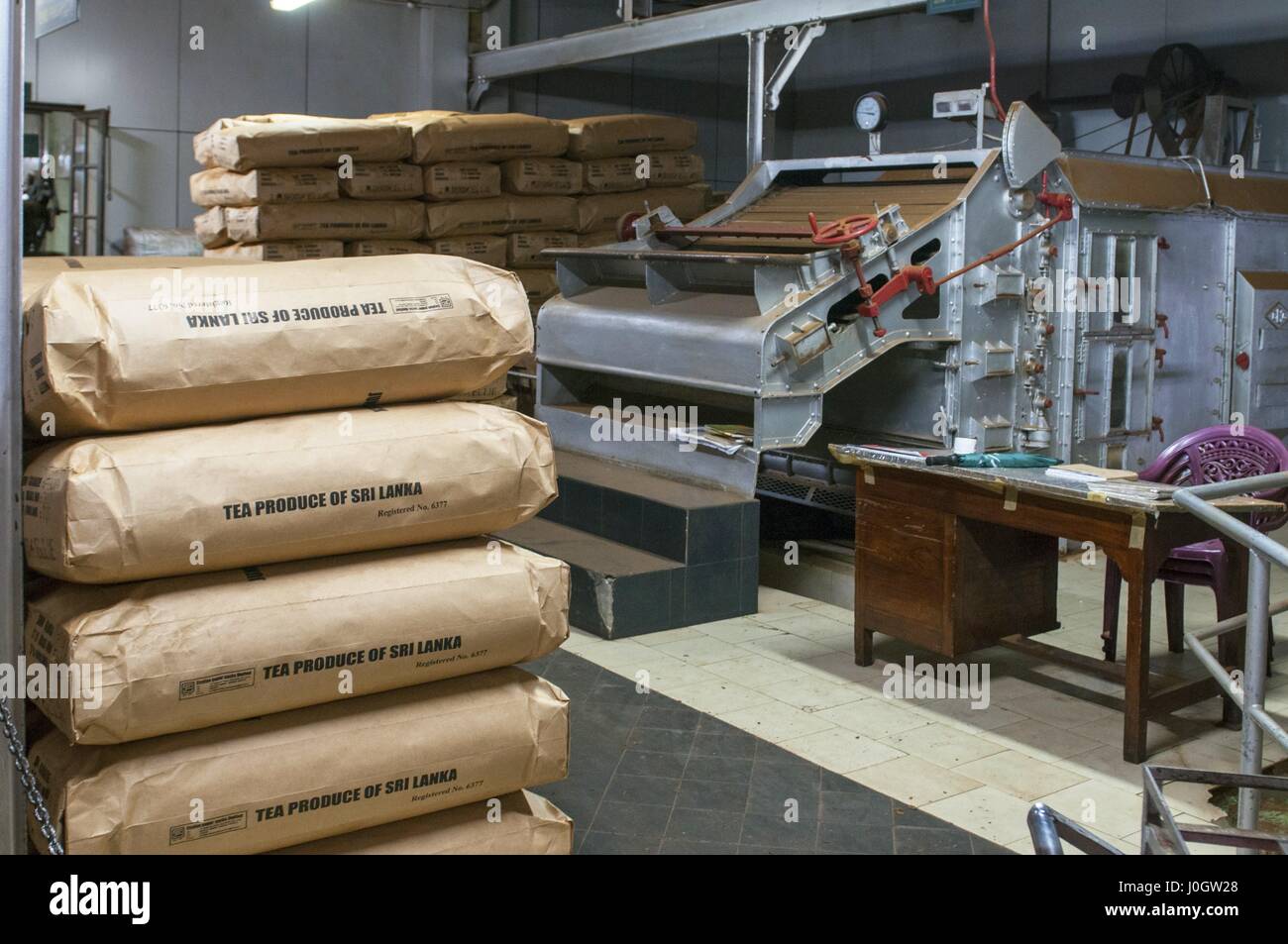 Large paper bags full of Sri Lankan tea directly in the factory at Nuwara Elyia, Sri Lanka Stock