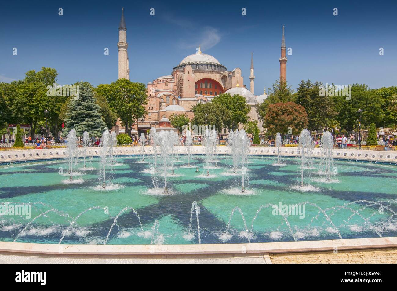 The view of fountain in Sultan Ahmet Park with Hagia Sophia in the ...