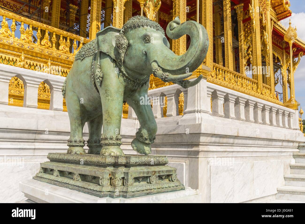 Elephant in front of Memorial Crowns of the Auspice, The Borommangalanusarani Pavilion in the area of Ananta Samakhom Throne Hall in Thai Royal Dusit  Stock Photo
