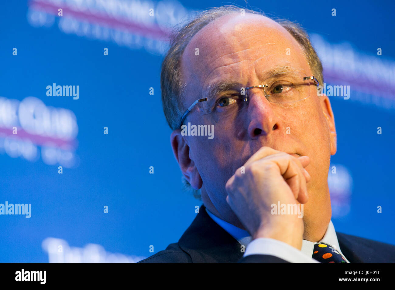 Washington, DC, USA. 12th Apr, 2017. Laurence 'Larry' Fink, Chairman and Chief Executive Officer of BlackRock, Inc., speaks during an Economic Club of Washington event in Washington, DC, on April 12, 2017. Credit: Kristoffer Tripplaar/Alamy Live News Stock Photo