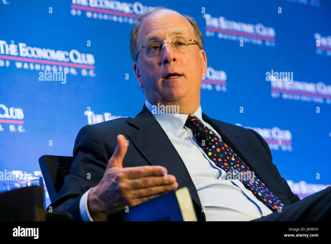 Washington, DC, USA. 12th Apr, 2017. Laurence 'Larry' Fink, Chairman and Chief Executive Officer of BlackRock, Inc., speaks during an Economic Club of Washington event in Washington, DC, on April 12, 2017. Credit: Kristoffer Tripplaar/Alamy Live News Stock Photo