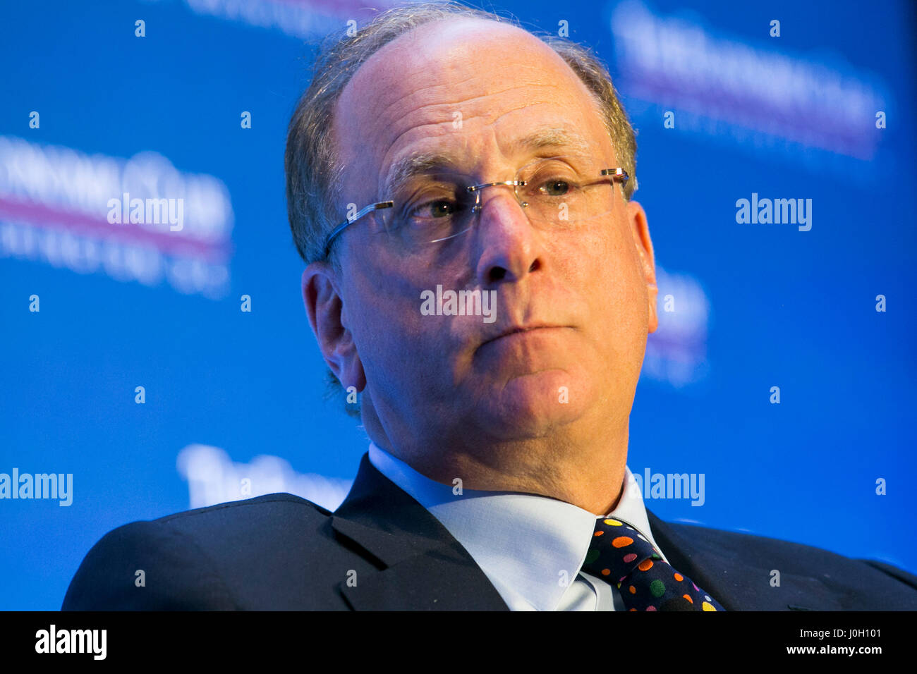 Washington, DC, USA. 12th Apr, 2017. Laurence 'Larry' Fink, Chairman and Chief Executive Officer of BlackRock, Inc., speaks during an Economic Club of Washington event in Washington, DC, on April 12, 2017. Credit: Kristoffer Tripplaar/Alamy Live News Stock Photo