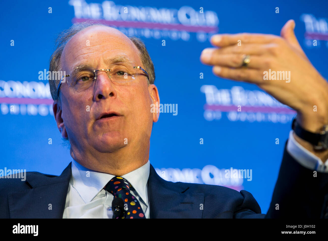 Washington, DC, USA. 12th Apr, 2017. Laurence 'Larry' Fink, Chairman and Chief Executive Officer of BlackRock, Inc., speaks during an Economic Club of Washington event in Washington, DC, on April 12, 2017. Credit: Kristoffer Tripplaar/Alamy Live News Stock Photo