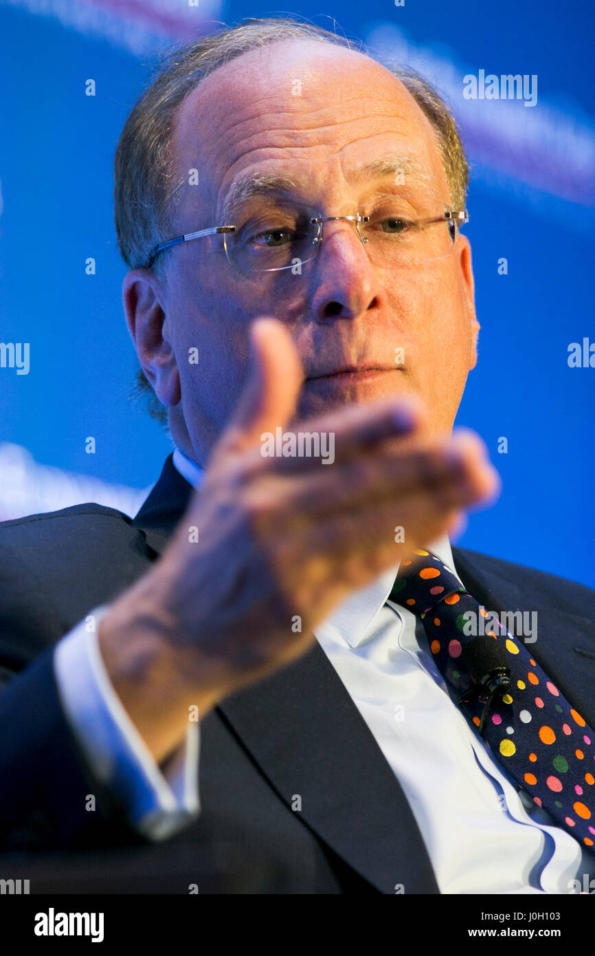 Washington, DC, USA. 12th Apr, 2017. Laurence 'Larry' Fink, Chairman and Chief Executive Officer of BlackRock, Inc., speaks during an Economic Club of Washington event in Washington, DC, on April 12, 2017. Credit: Kristoffer Tripplaar/Alamy Live News Stock Photo