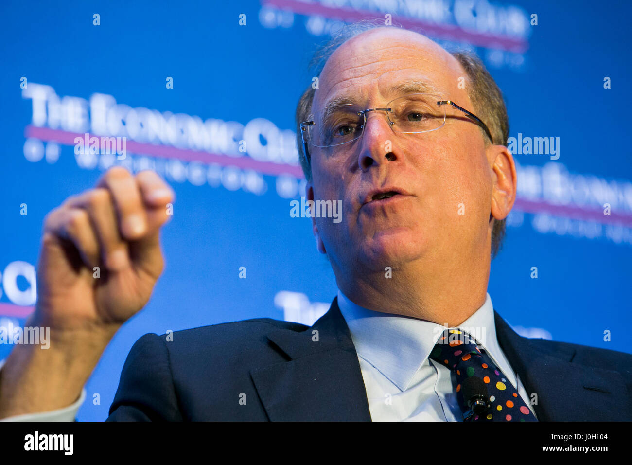 Washington, DC, USA. 12th Apr, 2017. Laurence 'Larry' Fink, Chairman and Chief Executive Officer of BlackRock, Inc., speaks during an Economic Club of Washington event in Washington, DC, on April 12, 2017. Credit: Kristoffer Tripplaar/Alamy Live News Stock Photo