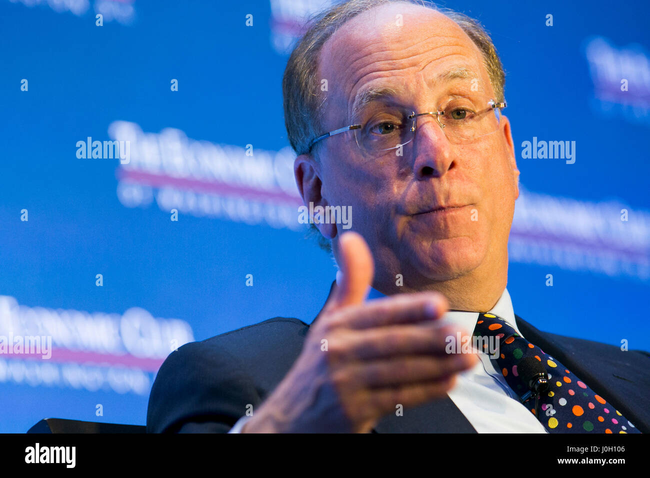 Washington, DC, USA. 12th Apr, 2017. Laurence 'Larry' Fink, Chairman and Chief Executive Officer of BlackRock, Inc., speaks during an Economic Club of Washington event in Washington, DC, on April 12, 2017. Credit: Kristoffer Tripplaar/Alamy Live News Stock Photo