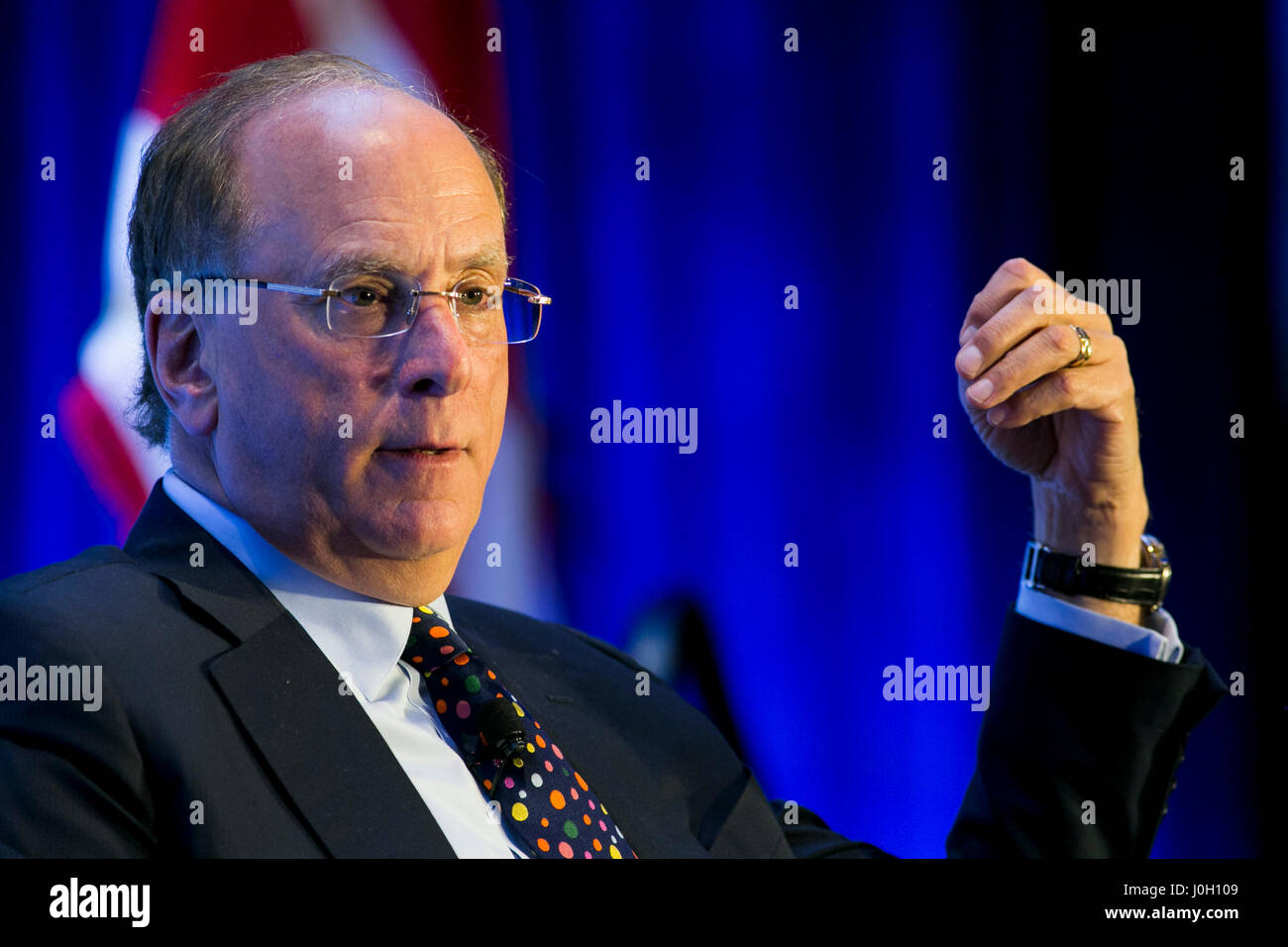 Washington, DC, USA. 12th Apr, 2017. Laurence 'Larry' Fink, Chairman and Chief Executive Officer of BlackRock, Inc., speaks during an Economic Club of Washington event in Washington, DC, on April 12, 2017. Credit: Kristoffer Tripplaar/Alamy Live News Stock Photo